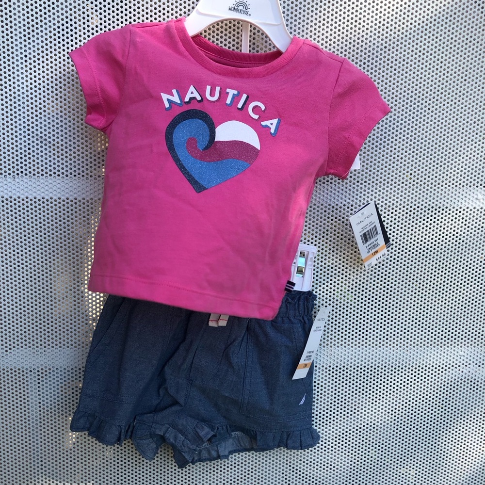 Nautica Hot Pink Heart Logo Tee with Navy Ruffle Shorts - Brand New w/Tags!
